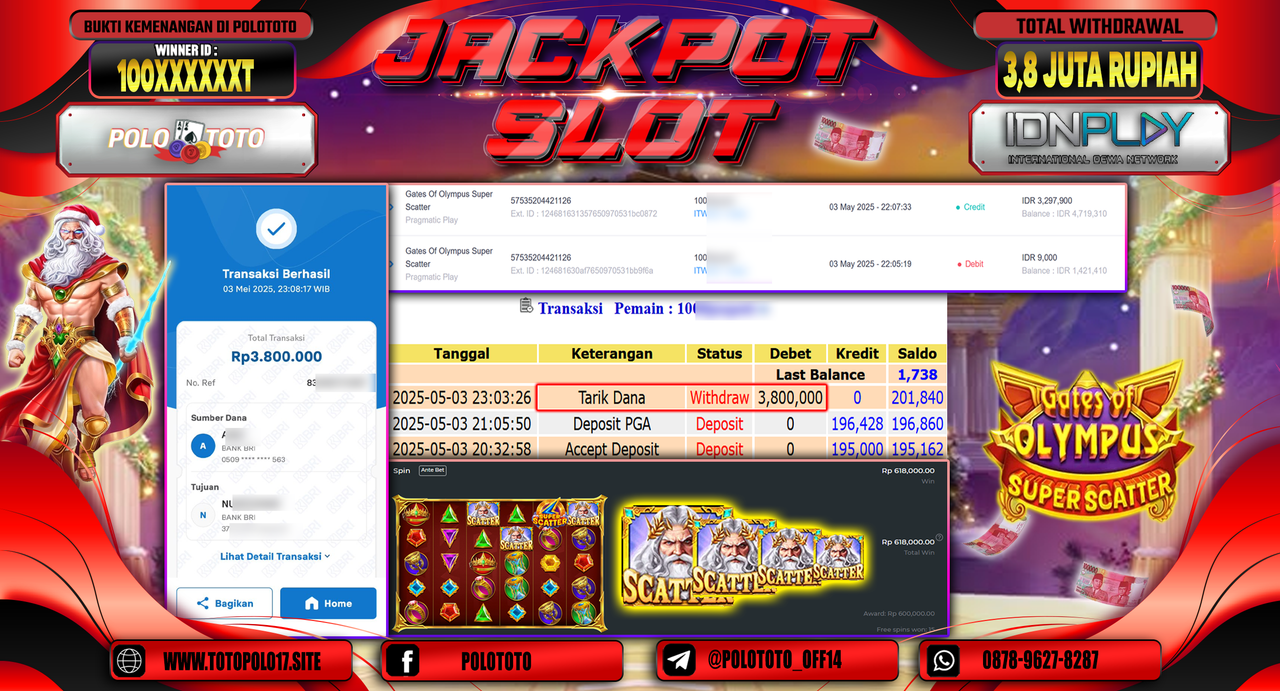 POLOTOTO JACKPOT SLOT GATES OF OLYMPUS SUPER SCATTER Rp.3.800.000,-