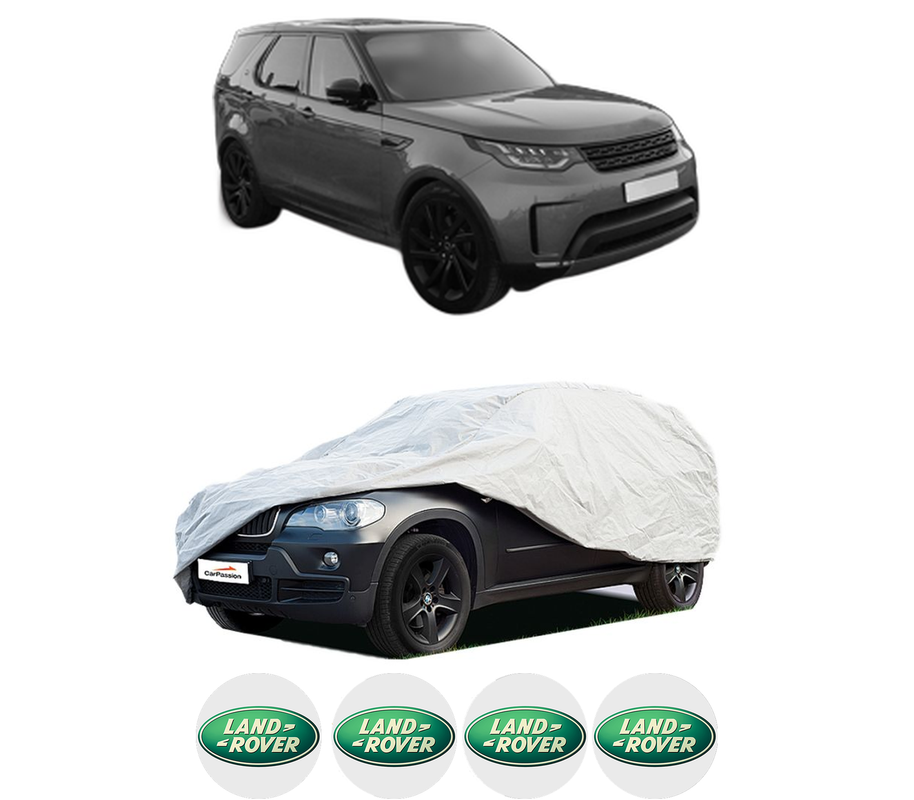 Husa tip prelata auto pentru LAND ROVER DISCOVERY V (L462) din 2016-2020, Culoare Gri, material textil impermeabil, rezistanta la intemperii praf UV, CARPASSION Husa Protectie, 4 Stickere auto cu LAND ROVER