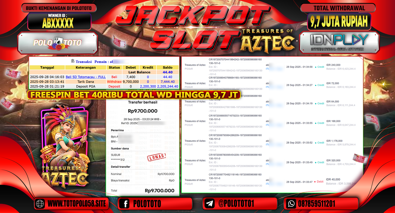 POLOTOTO JACKPOT SLOT TREASURES OF AZTEC Rp.9.700.000,- LUNAS