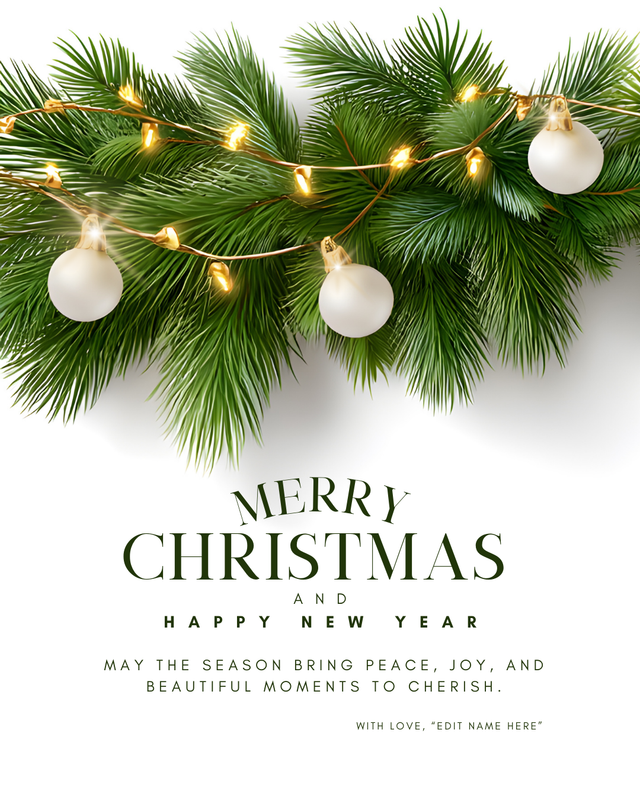 Elegant Pine & Lights Christmas Card — Editable Canva Template (Printable)