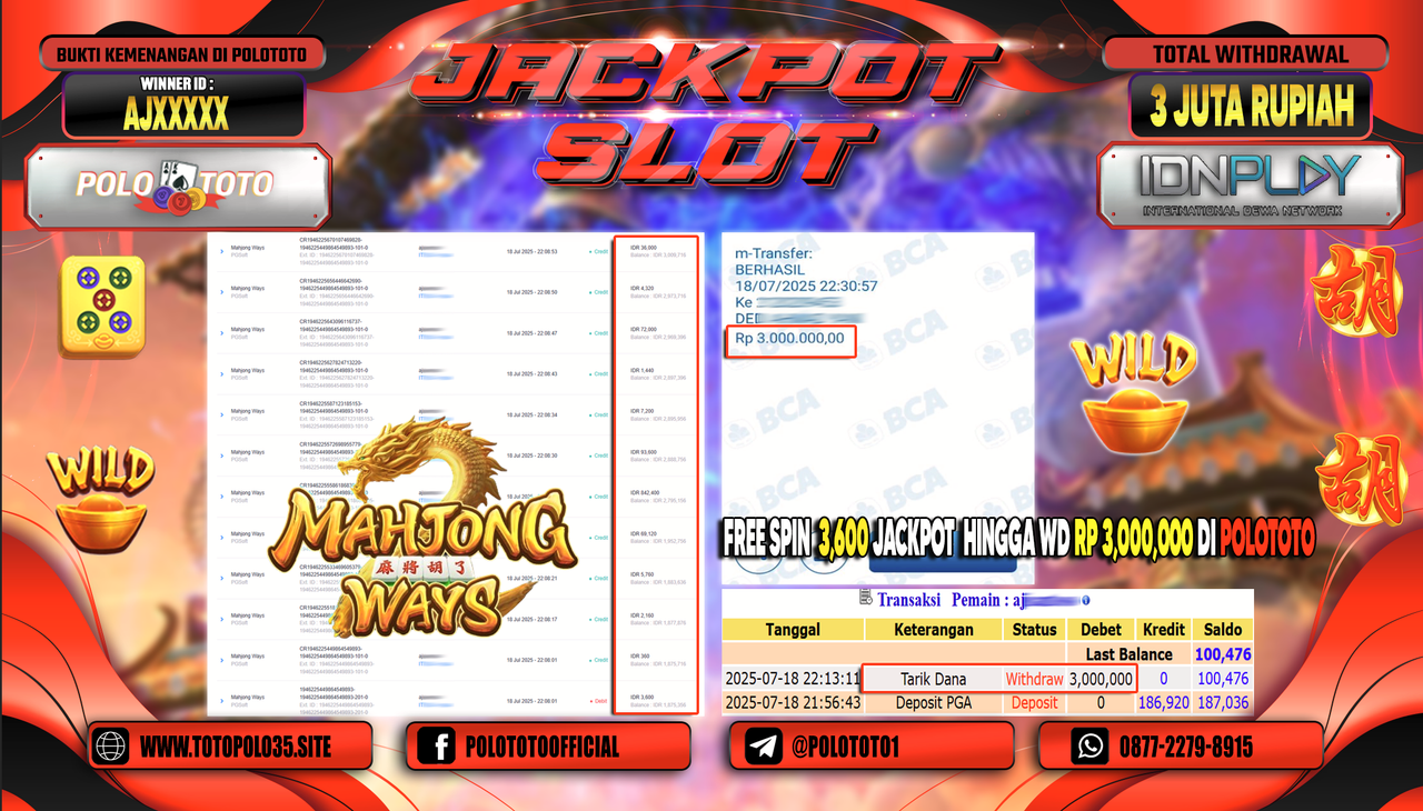 POLOTOTO JACKPOT SLOT MAHJONG WAYS Rp.3.000.000,- LUNAS