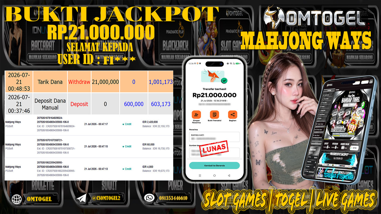 OMTOGEL JACKPOT PG SOFT MAHJONG WAYS  Rp,21,000,000,- DIBAYAR LUNAS