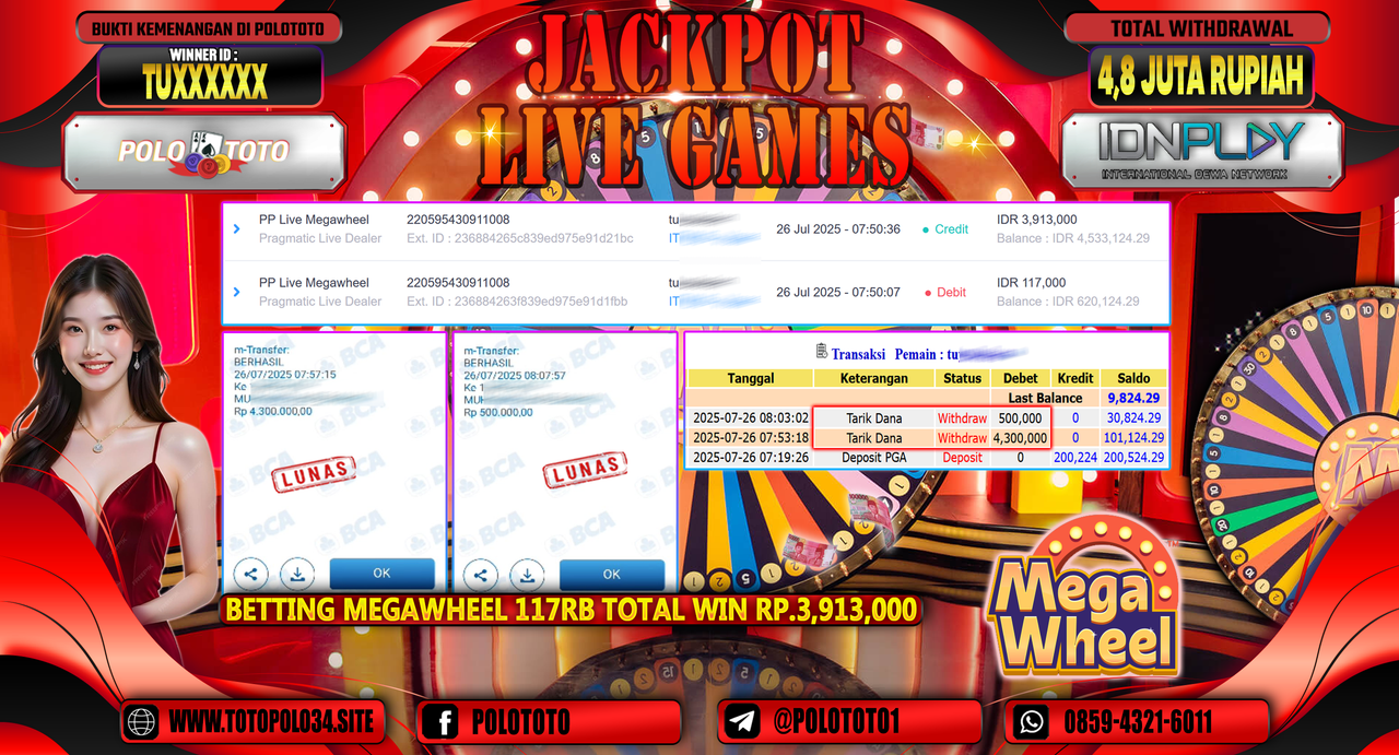 POLOTOTO JACKPOT LIVE GAMES PP LIVE MEGAWHEEL Rp.4.800.000,-LUNAS