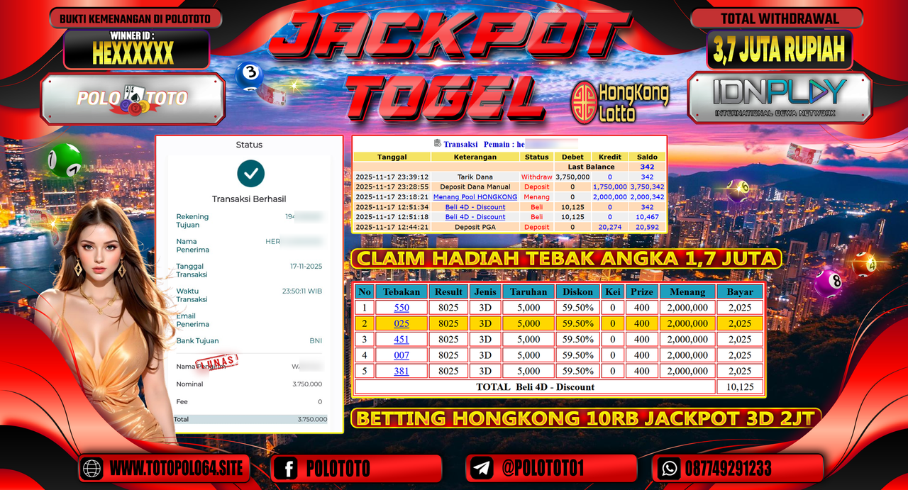 POLOTOTO JACKPOT TOGEL MENANG HONGKONG LOTTO Rp.3.700.000,- LUNAS