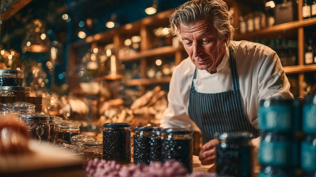 Человек выбирает банку черной икры в магазине с продавцом