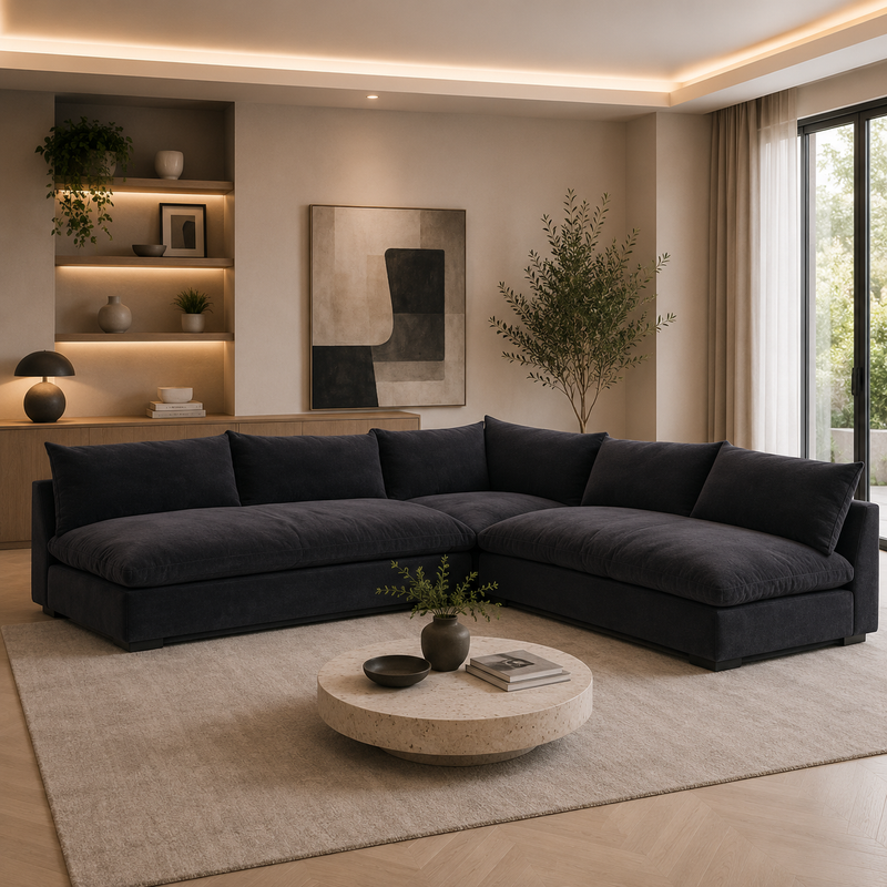 كنبة زاوية رُكنة على شكل حرف L بتصميم عصري قماش عالي الجودة - اللون أسود - مقاس 250 / 250 × 90 × 85 سم