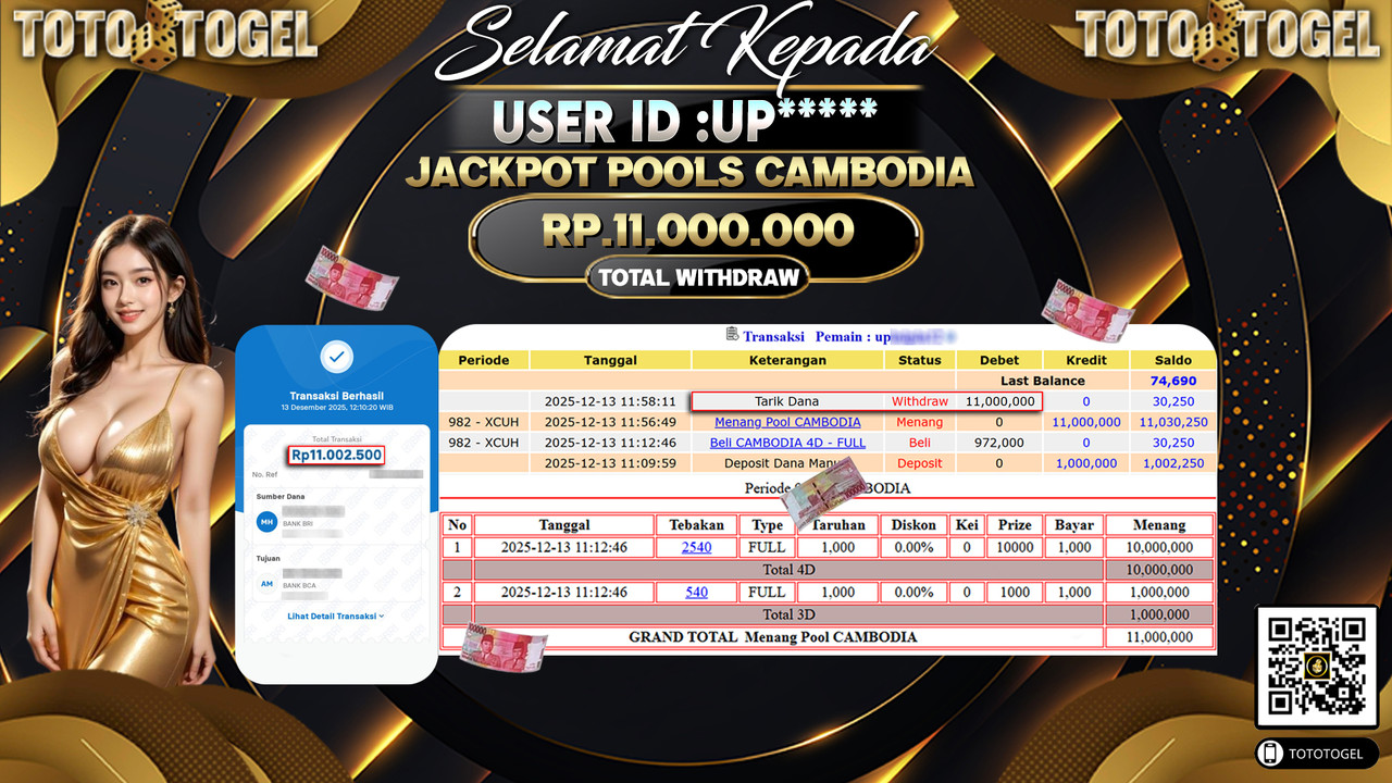 Bukti Pembayaran Jackpot Permainan Togel Pools Cambodia ID:UP***** LUNAS