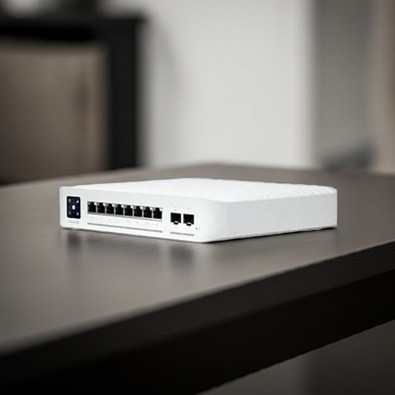 Close-up das portas 2.5 GbE e 10G SFP+ do switch