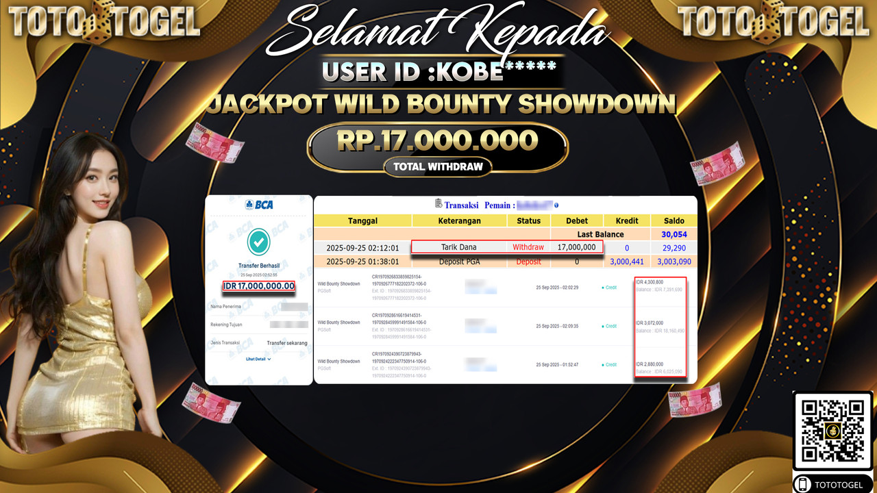 Bukti Pembayaran Jackpot Permainan Slot Wild Bounty ShowDown ID:KOBE*** LUNAS