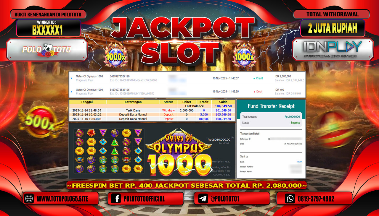 POLOTOTO JACKPOT SLOT GATES OF OLYMPUS 1000 Rp.2.000.000,- LUNAS