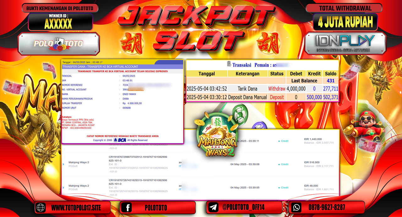 POLOTOTO JACKPOT SLOT MAHJONG WAYS 2 Rp.4.000.000,-