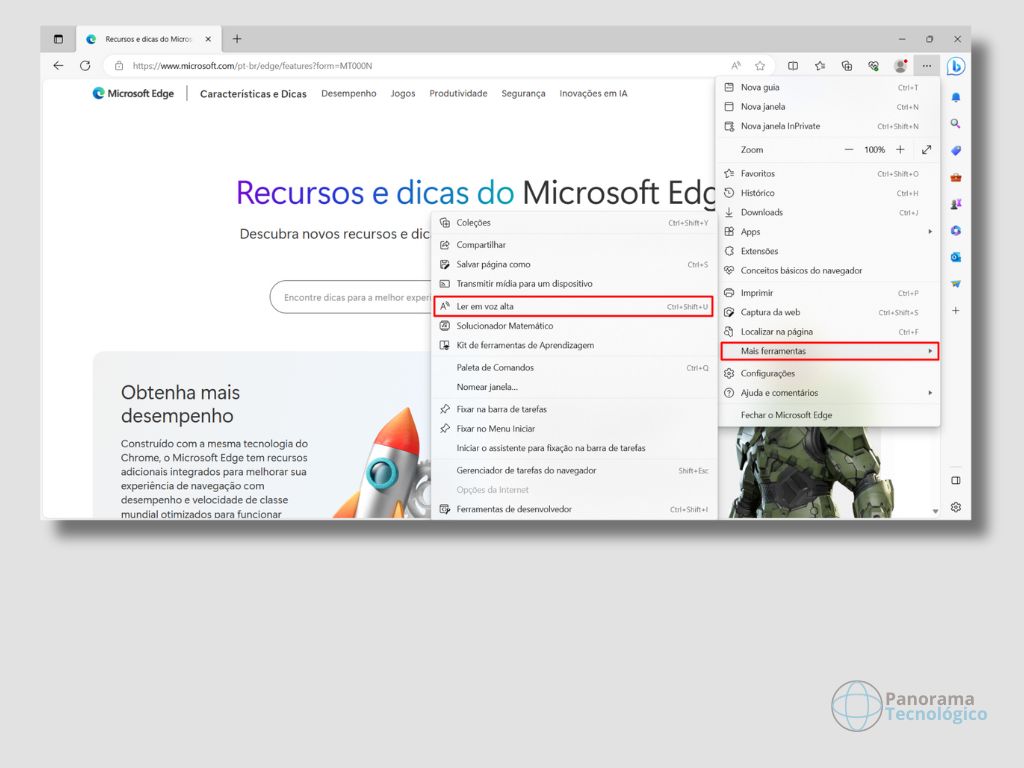 Print da tela do navegador Microsoft Edge mostrando o acesso ao recurso 'Ler em voz alta'