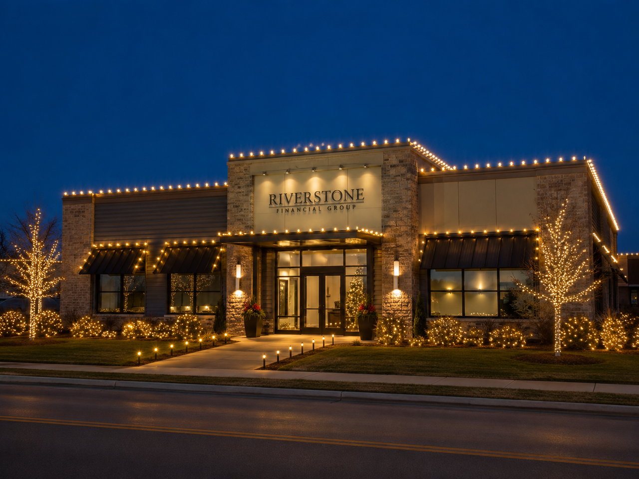 A polished holiday lighting installation for a commercial-style property