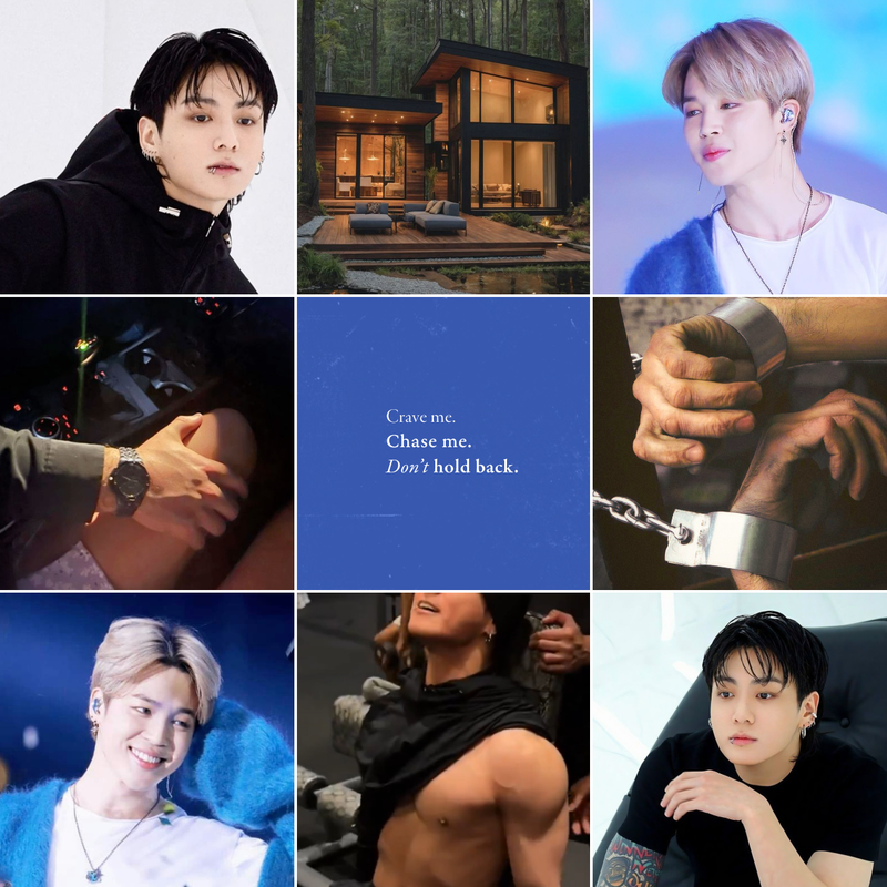 Moodboard of Jimin and Jungkook with pictures of a house party, a person driving a motorcycle, a couple holding each other, and a neon sign that says I want it all