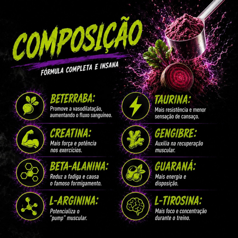 Composição do Pré-Treino Farmafine, com destaque para o extrato de beterraba
