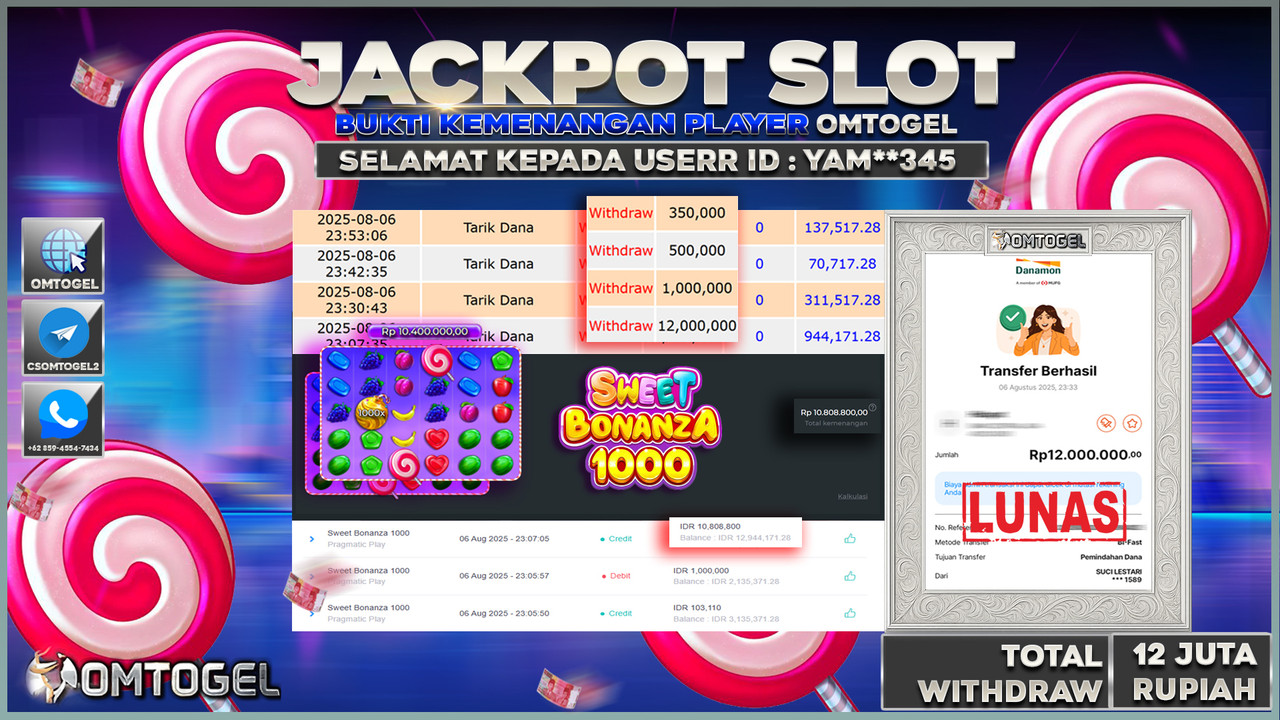 OMTOGEL JACKPOT PRAGMATIC PLAY SWEET BONANZA 1000 12 JUTA DI BAYAR LUNAS ,-