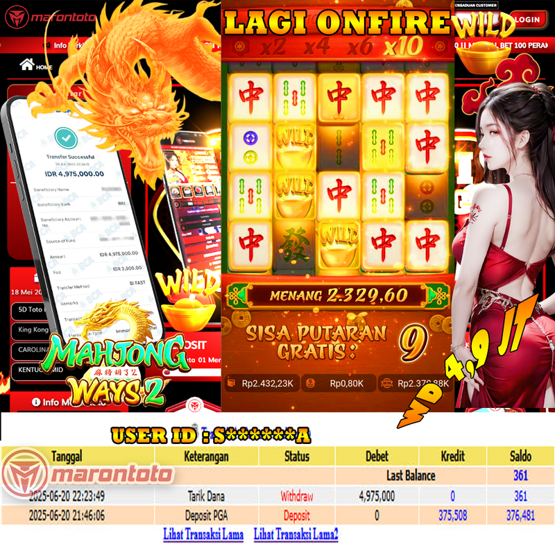 Bukti Kemenangan Member Marontoto Sebesar 4,975,000 JuTa