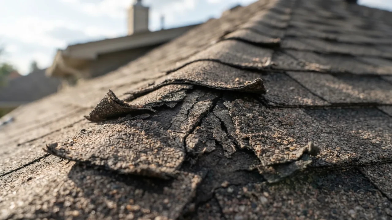 Aging asphalt shingle roof showing curling and wear on San Antonio residential home after 15 years