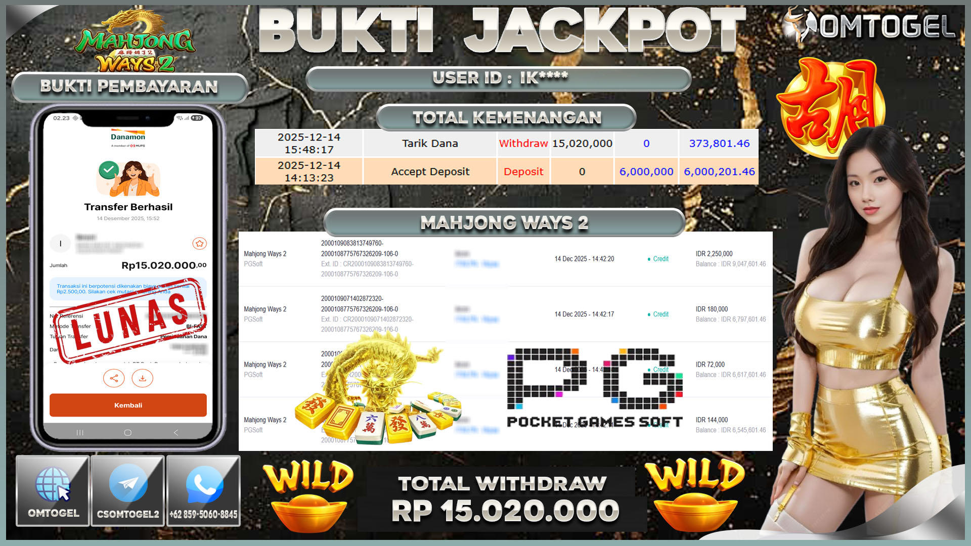 OMTOGEL JACKPOT PGSOFT MAHJONG WAYS 2 ,15 JUTA DI BAYAR LUNAS ,-