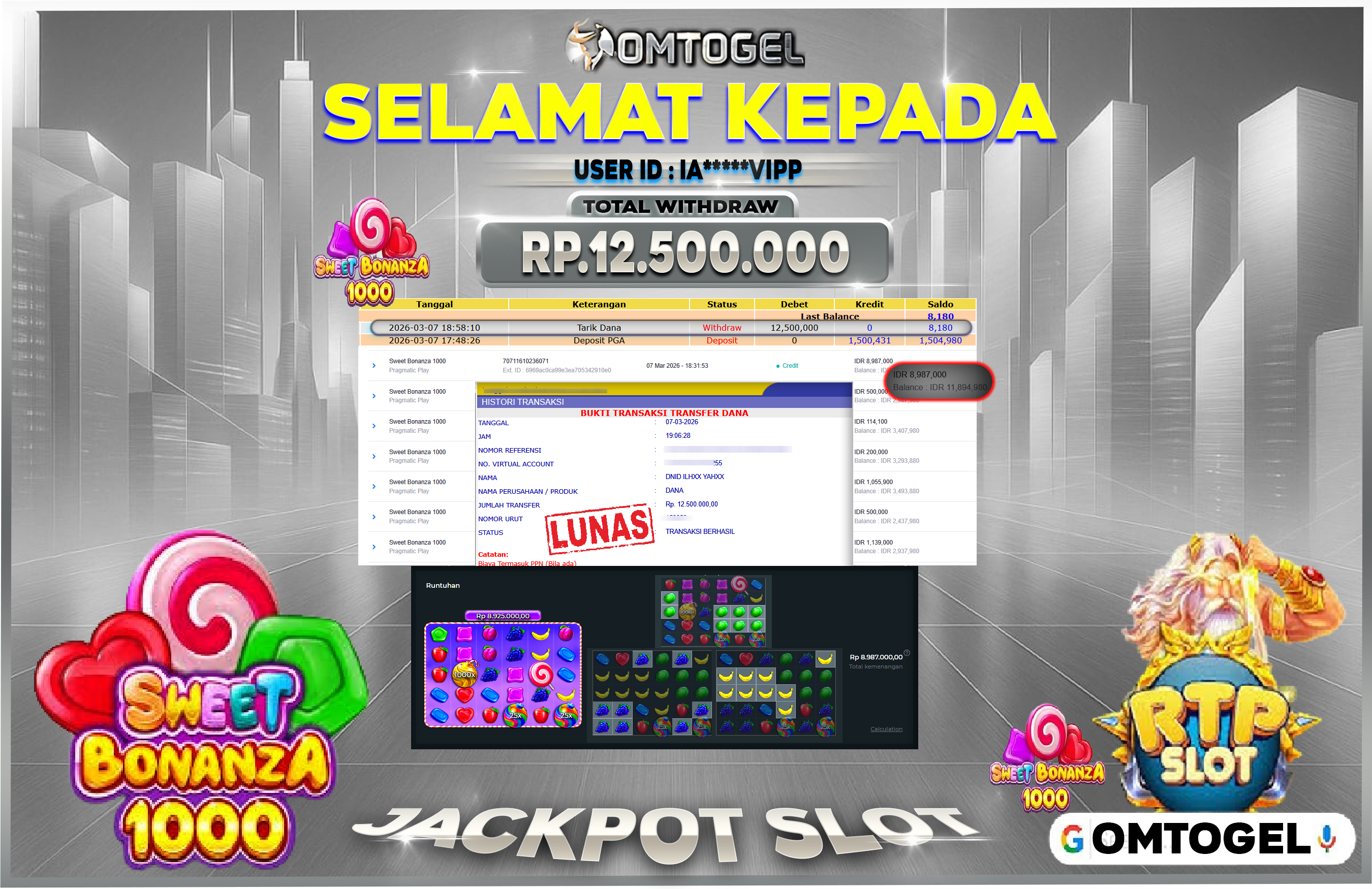 OMTOGEL JACKPOT PRAGMATIC PLAY SWEET BONANZA 1000, 12 JUTA DI BAYAR LUNAS ,-