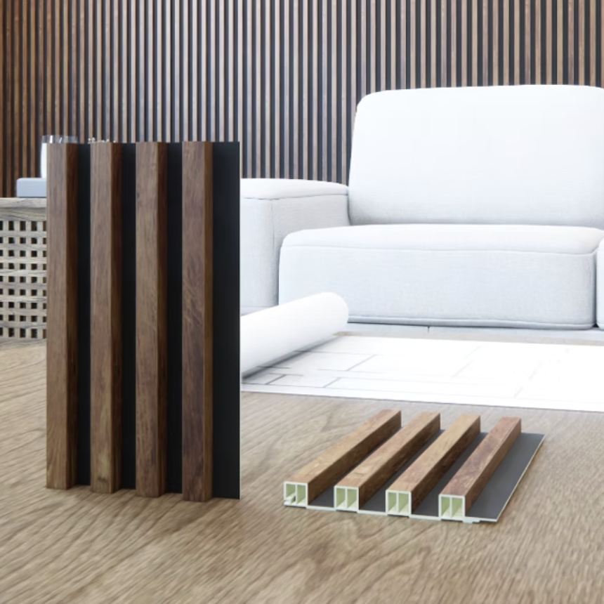 Painel Ripado WPC Madeira Freijo Fundo Preto