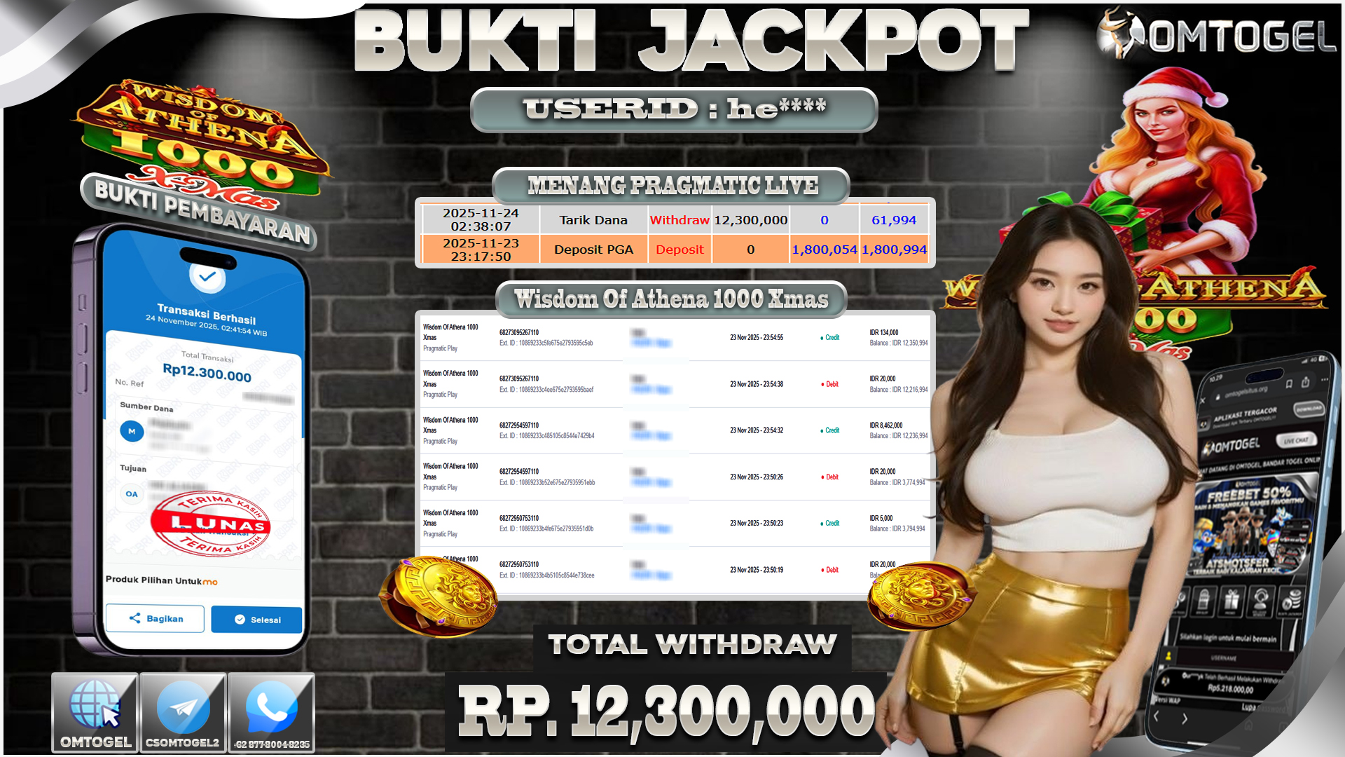 OMTOGEL JACKPOT PRAGMATIC PLAY WISDOM OF ATHENA 1000 XMAS,12 JUTA DI BAYAR LUNAS ,-