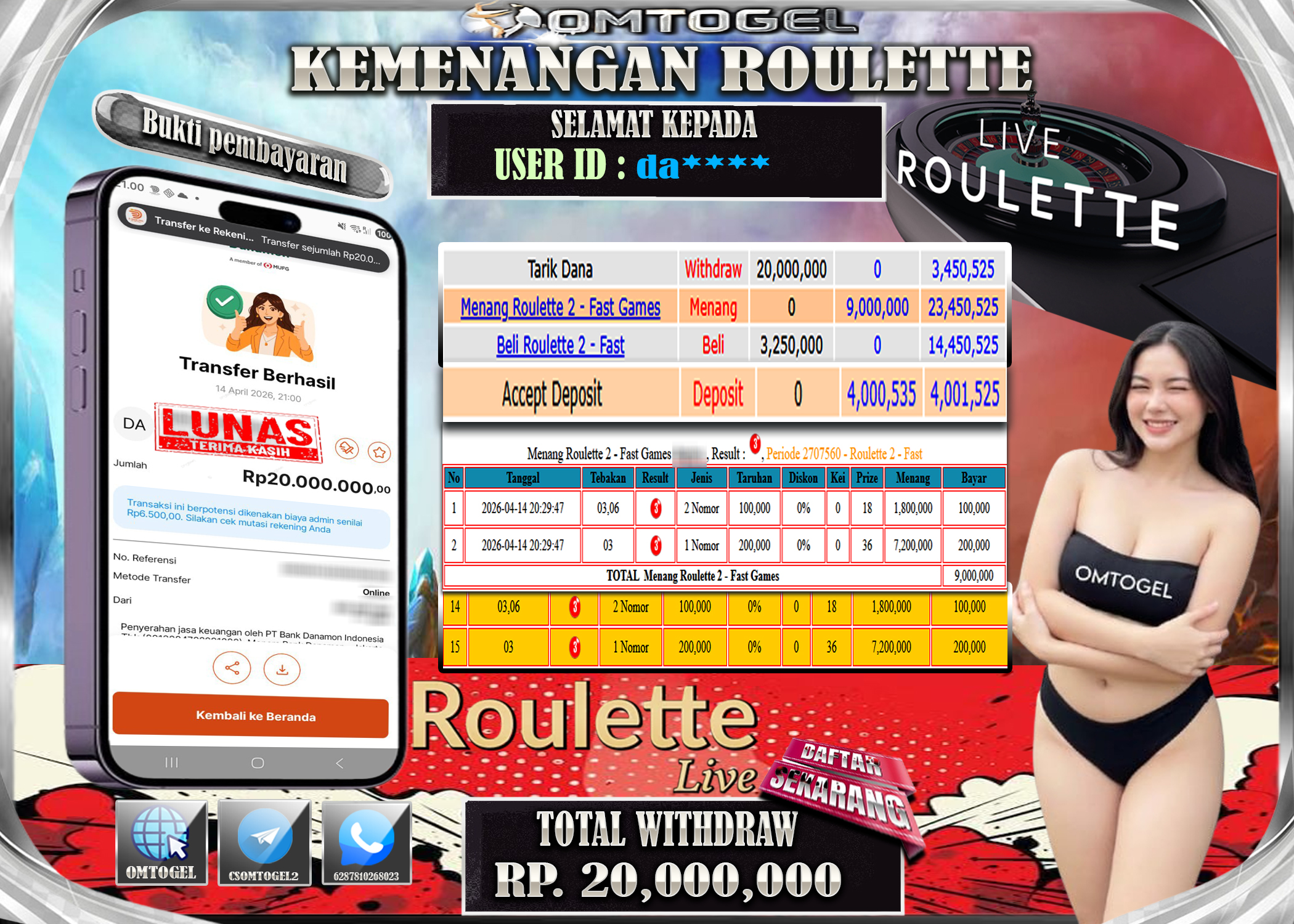 OMTOGEL JACKPOT LIVE GAMES ROULETTE 2 - FAST GAMES , 20 JUTA DI BAYAR LUNAS ,-