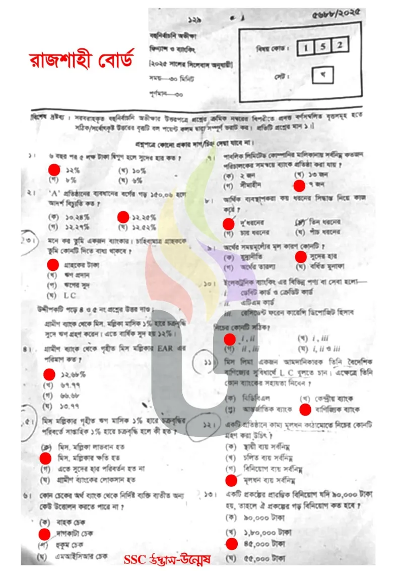 Finance and Banking MCQ Question Solution Rajshahi Board 2025