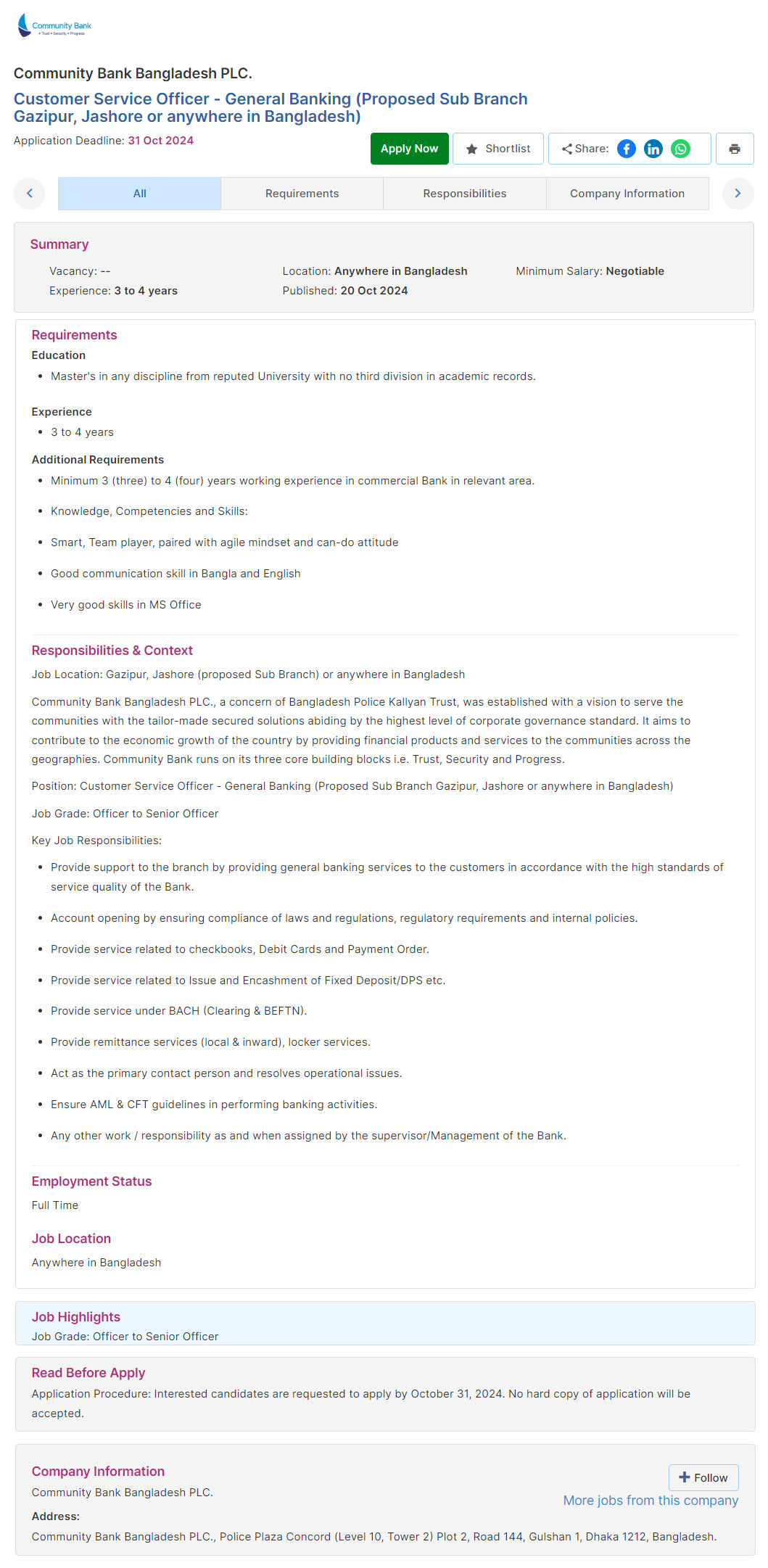 Community Bank Job Circular