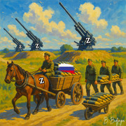 Putin’s soldiers deliver ammunition on horseback.