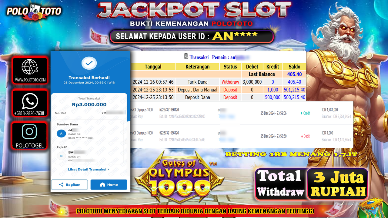 POLOTOTO JACKPOT SLOT GATES OF OLYMPUS 1000 Rp.3,000.000,-