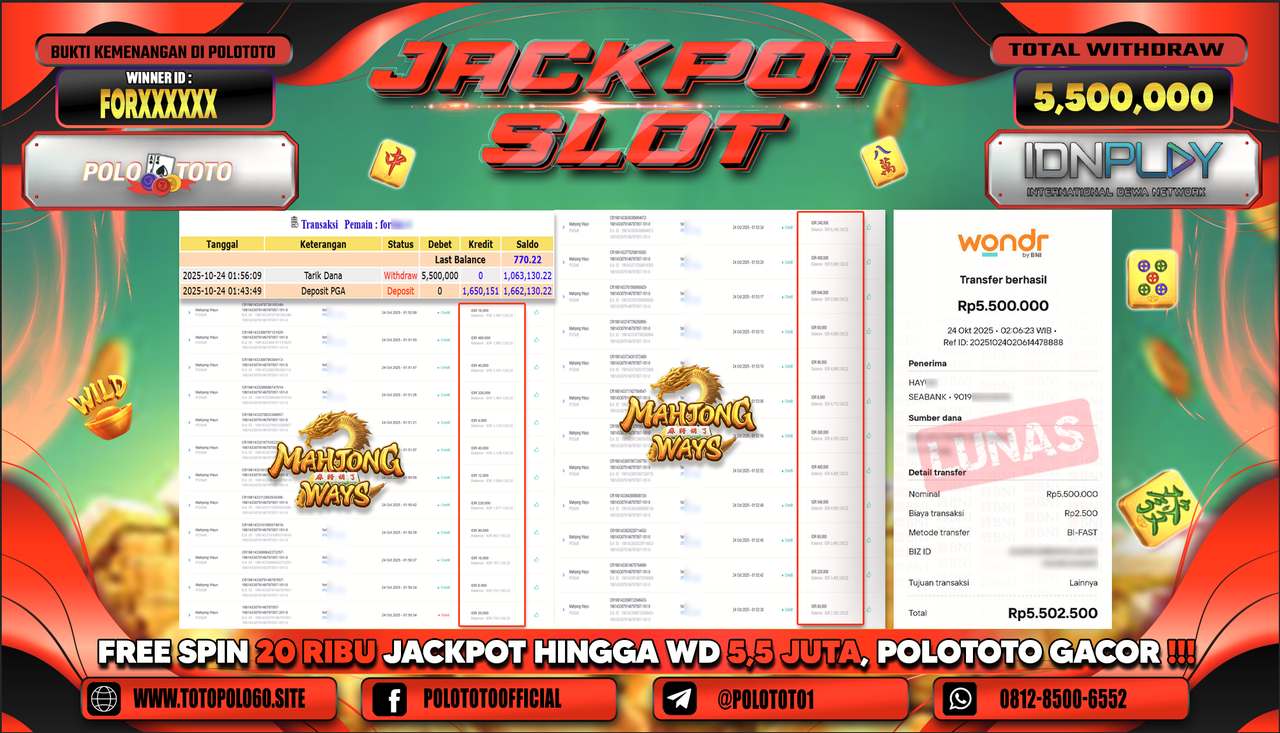 POLOTOTO JACKPOT SLOT MAHJONG WAYS Rp.5.500.000,- LUNAS