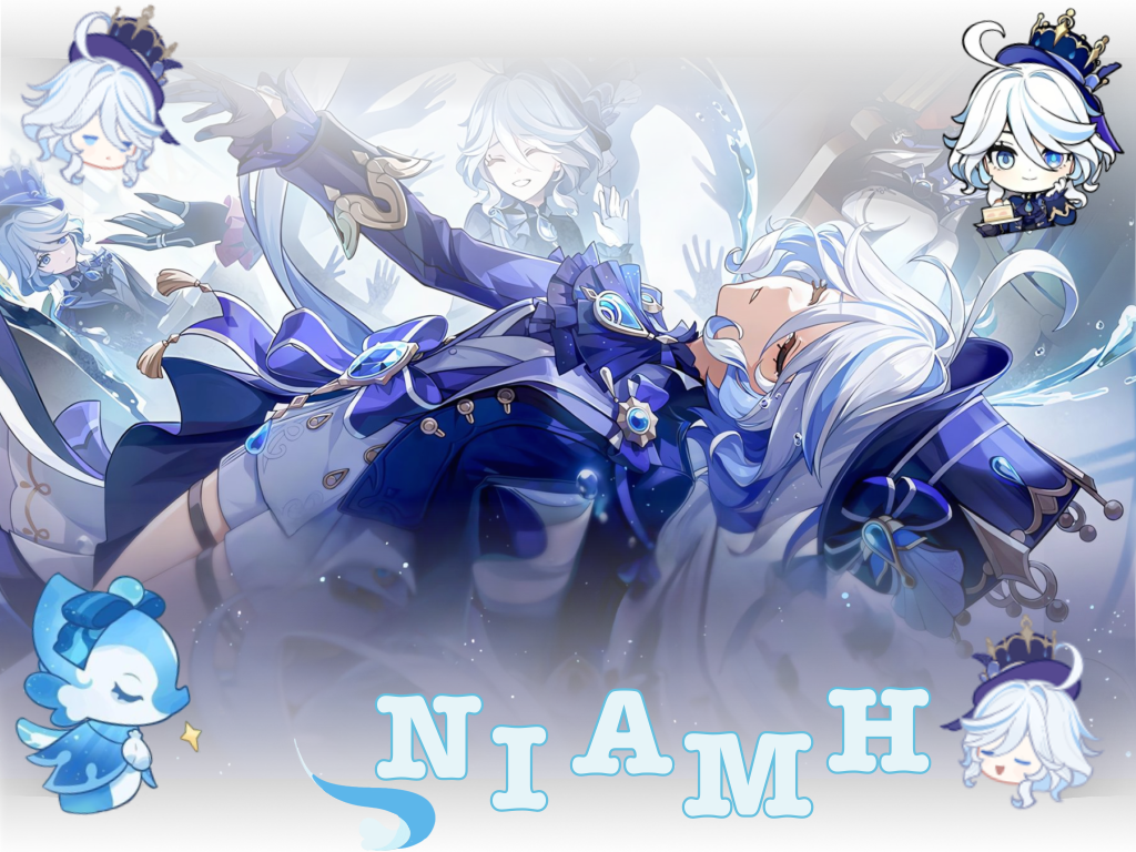 ID: a graphic themed after Furina from Genshin Impact, the centerpiece is Furina floating on her back, her eyes are closed, around her are streams of water, with faded images of her in the background. In the foreground, there's chibis in every corner. In the top left there is an unamused headshot, in the top right there is Furina smiling with a piece of cake, in the bottom left there is Surintendante Chevalmarin with a sparkle beside it, in the bottom right there is a happy headshot with an open mouth and closed eyes. The bottom middle features the name "NIAMH" framed by a  wave, END ID. 