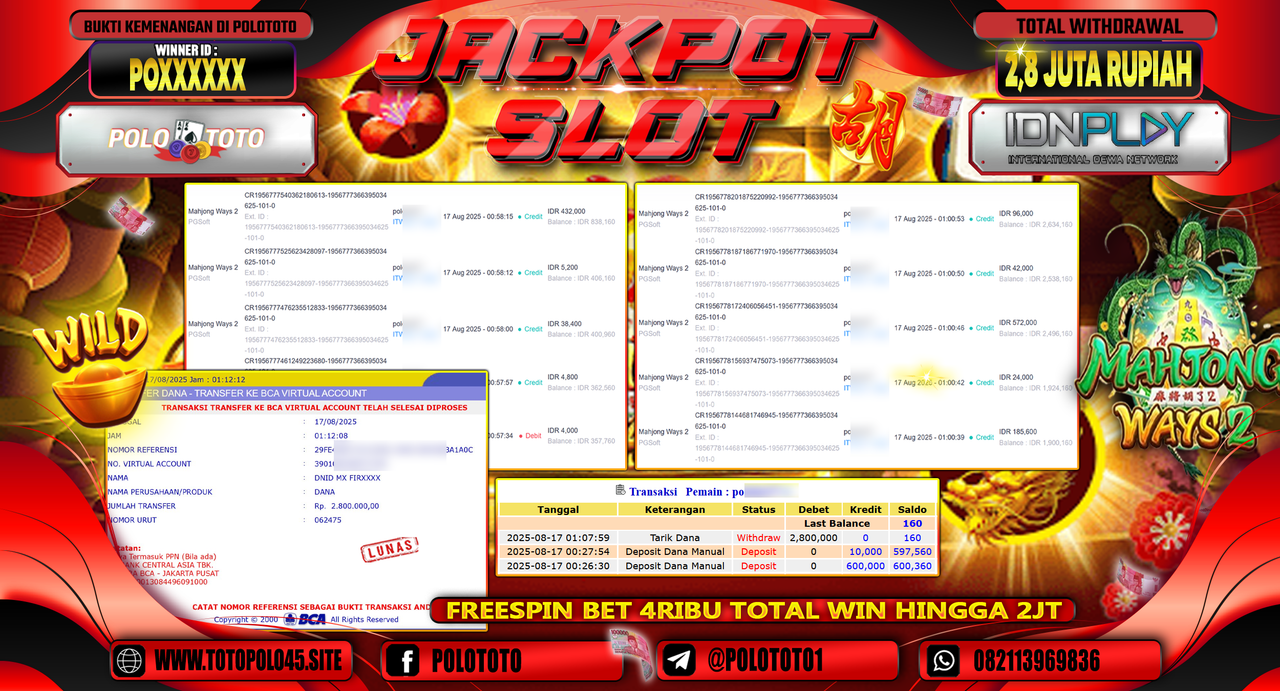 POLOTOTO JACKPOT SLOT MAHJONG WAYS 2 Rp.2.800.000,-