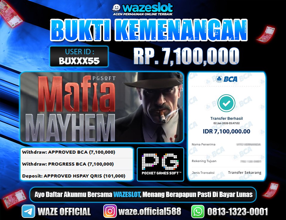 BUKTI KEMENANGAN 02 JANUARI 2026 GAME MAFIA MAYHEM (PG SOFT)