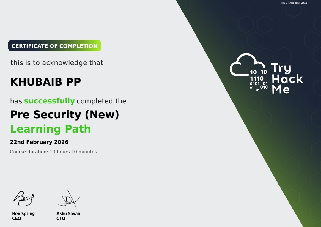 TryHackMe - Pre Security certificate thumbnail