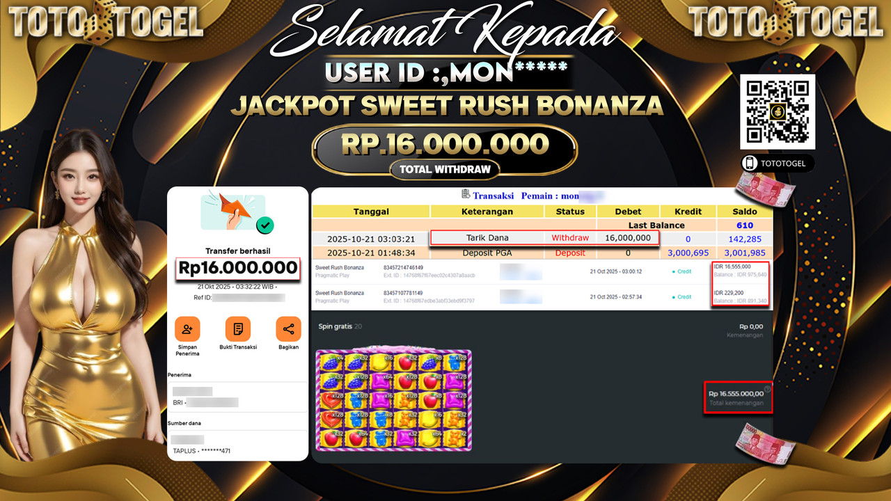 Bukti Pembayaran Jackpot Permainan Slot Sweet Rush Bonanza ID:MON**** LUNAS