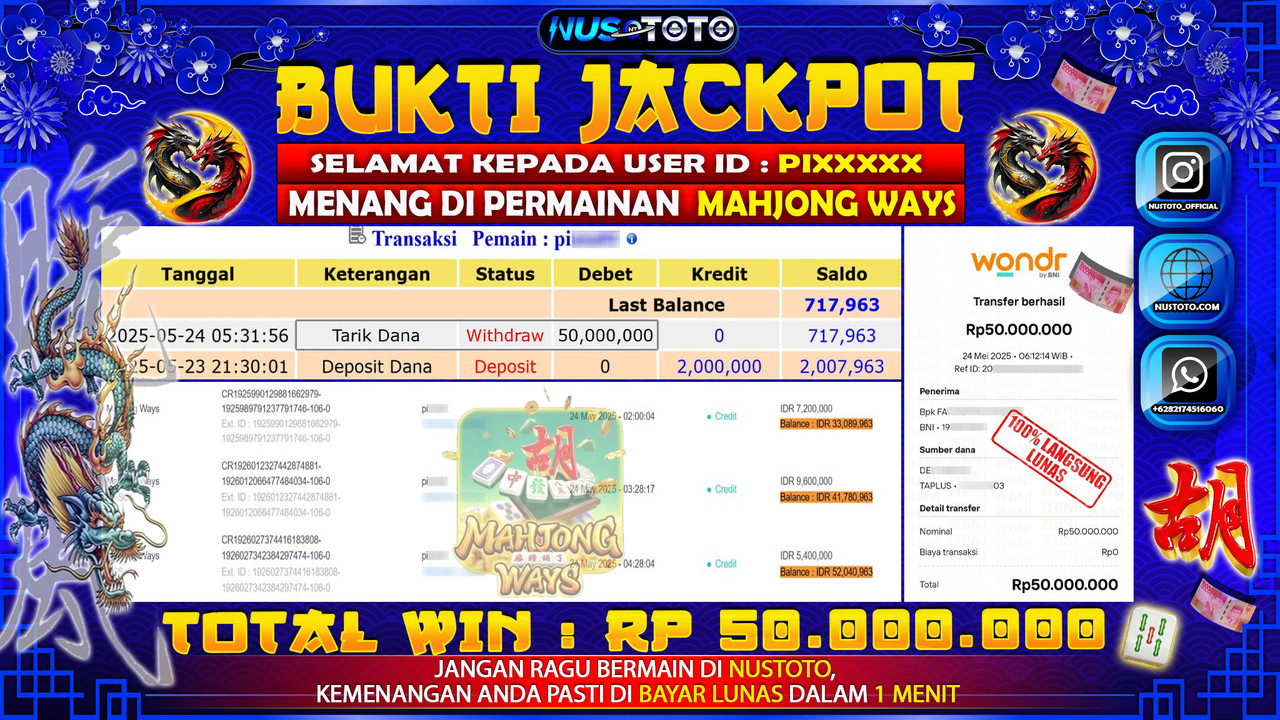 JACKPOT !! MENANG BESAR DI MAHJONG WAYS Rp. 50.000.000 LANGSUNG DI BAYAR LUNAS NUSTOTO !!