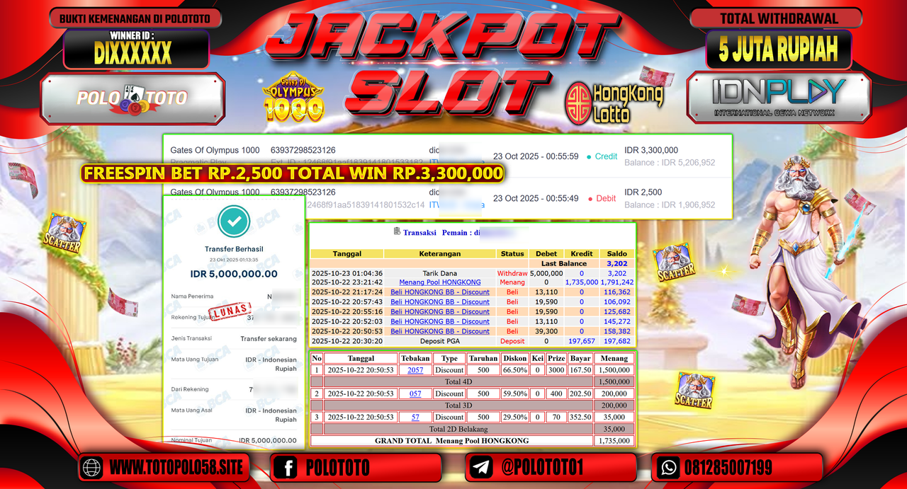 POLOTOTO JACKPOT SLOT GATES OF OLYMPUS 1000 DAN MENANG TOGEL HONGKONG LOTTO Rp.5.000.000,- LUNAS