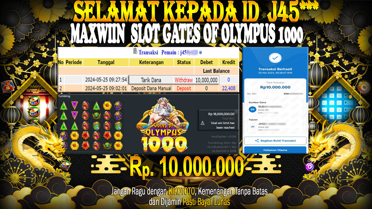 MAXWIN !!! MENANG BESAR DI SLOT GATES OF OLYMPUS 1000 SEBESAR Rp 10,000,000 LANGSUNG DI BAYAR KIKOTOTO !!!!