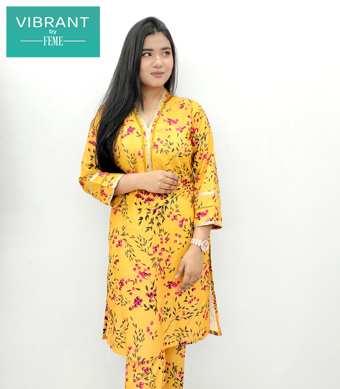 Band Collar Exclusive Feme Kurti :  5/2Yellow Flow Print