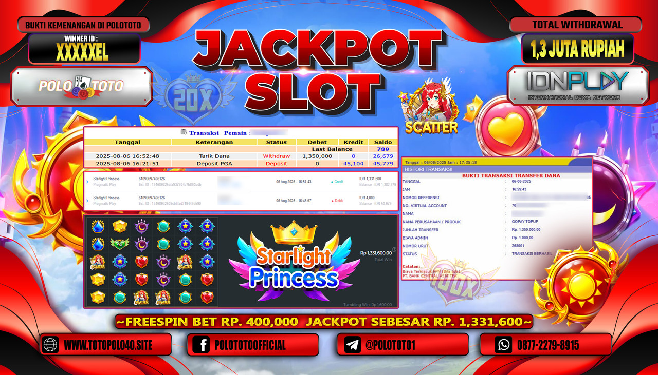 POLOTOTO JACKPOT SLOT STARLIGHT PRINCESS Rp.1.350.000,- LUNAS