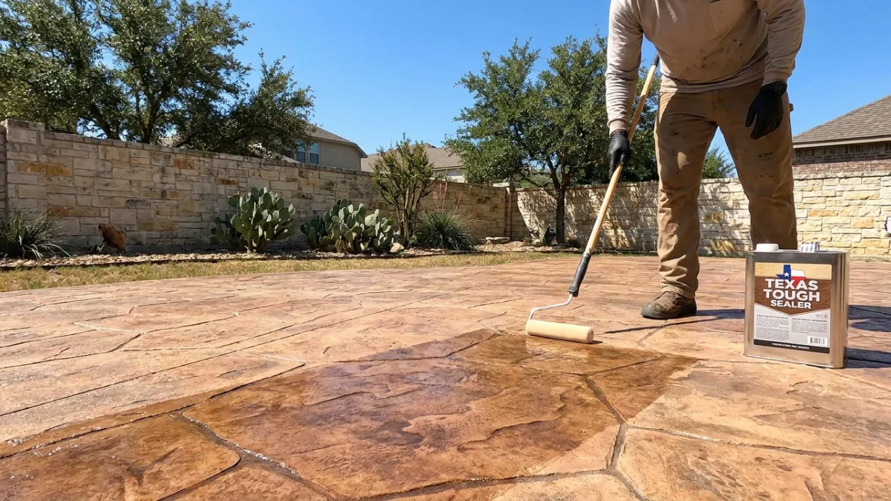 Contractor applying clear sealer to a stamped concrete patio in San Antonio TX with roller showing wet sealer coat over a patterned surface