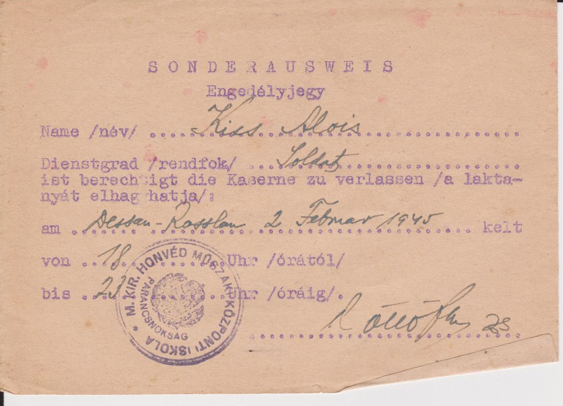 Kiss Alajos engedélyjegy