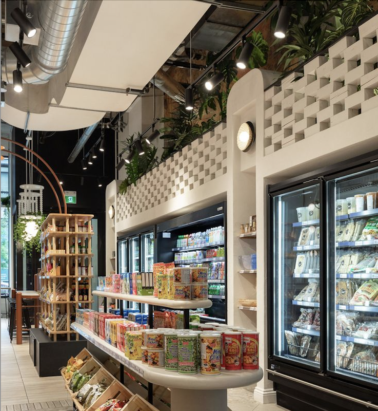 Siêu thị, cửa hàng tiện lợi, khu vực trưng bày sản phẩm.