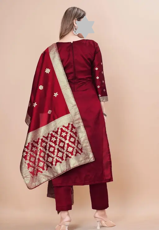 Designer Art Silk Unstitched Suit Material Beautiful Party wear Woven banarasi suit material For Women Kurta Set With Dupatta for Ladies Color 2 (R119)