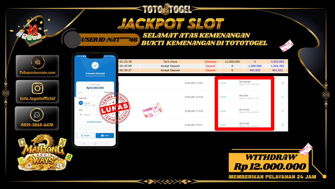 Bukti Pembayaran Permainan SLOT  Mahjong ways   Dengan ID : NA***46 LUNASS