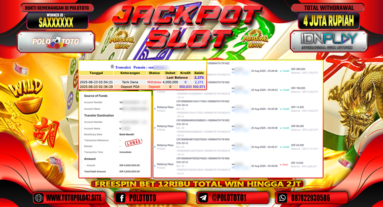 POLOTOTO JACKPOT SLOT MAHJONG WAYS Rp.4.000.000,-
