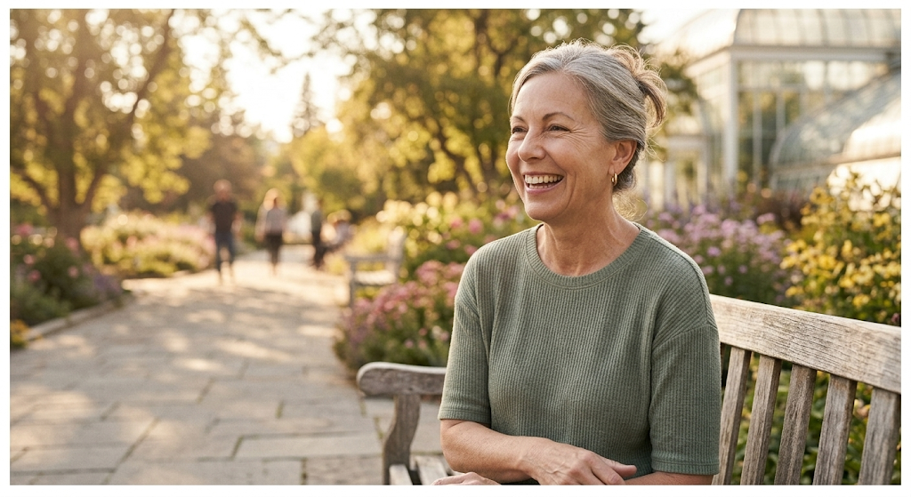 A woman sitting confidently outdoors, neck upright, hair worn up
