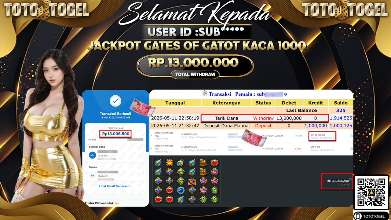 Bukti Pembayaran Jackpot Permainan Slot Gates Of Gatot Kaca 1000 ID:SUB*****LUNAS